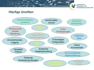 Häufige Unsitten

         Kommunikations-               Konformitäts-                Schlechte
            probleme                     brüche                    Infrastruktur
                            Magie im
 Workarounds                 Code                     Code-
   anstatt                                        Verdopplungen
  Behebung
                      Unglückliche                                     Fehlende
                     Namensgebung                                        Tests
Unzureichendes                                Frühzeitiges
   Logging                 Toter              Fertigmelden
                           Code                                      Keine
                                                                   Kommentare
      Verweiste               Schlechte
       TODOs               Fehlerbehandlung
                                                             (Zu) komplizierte
                                                             Implementierung
               Fehlende
          Konsistenzprüfungen
                                         Unvollständige                Spaghetti-
                                          Refactorings                   Code
 