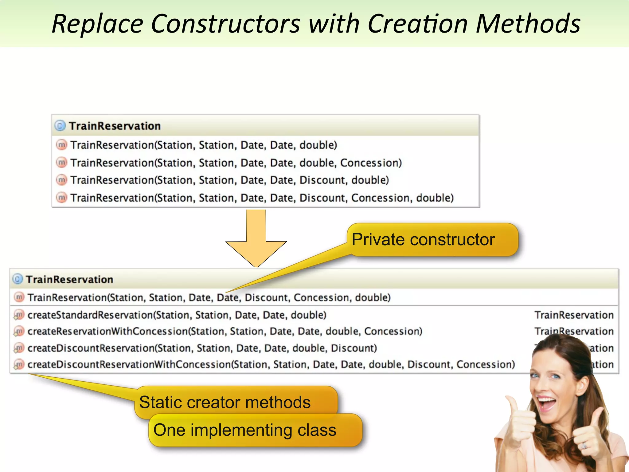 Replace	
  Constructors	
  with	
  Crea7on	
  Methods




                                   Private constructor




        Static creator methods
          One implementing class
 