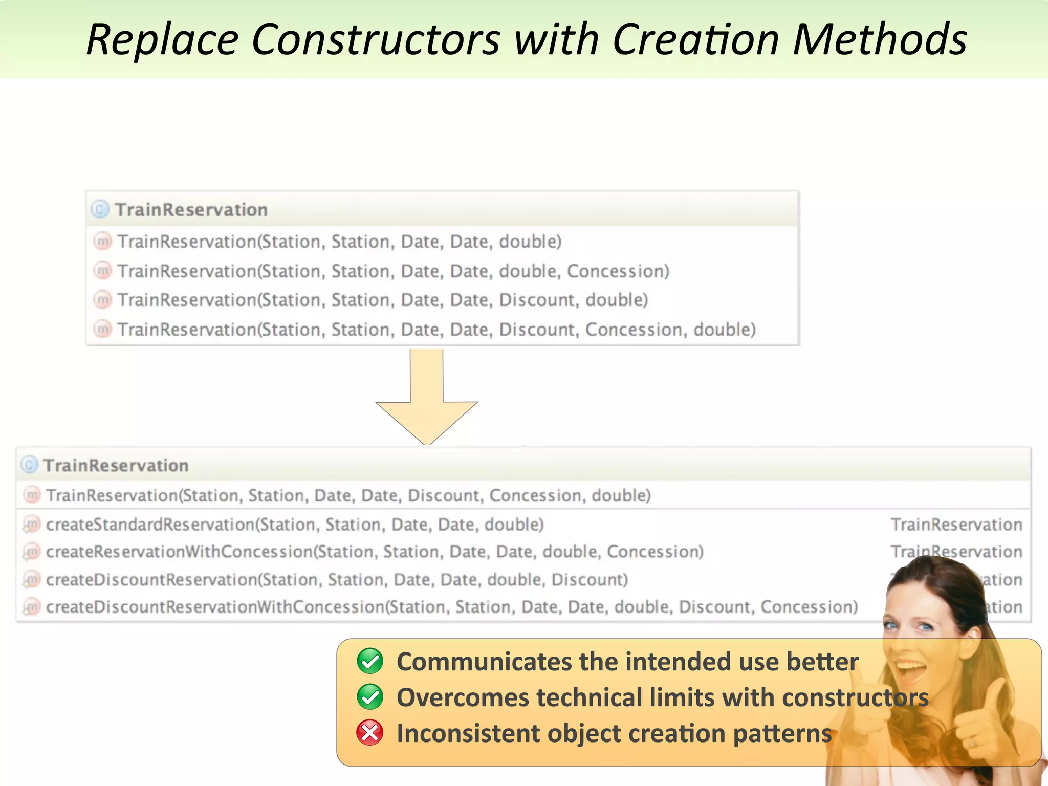 Replace	
  Constructors	
  with	
  Crea7on	
  Methods




                  Communicates	
  the	
  intended	
  use	
  be5er
                  Overcomes	
  technical	
  limits	
  with	
  constructors
                  Inconsistent	
  object	
  crea<on	
  pa5erns
 