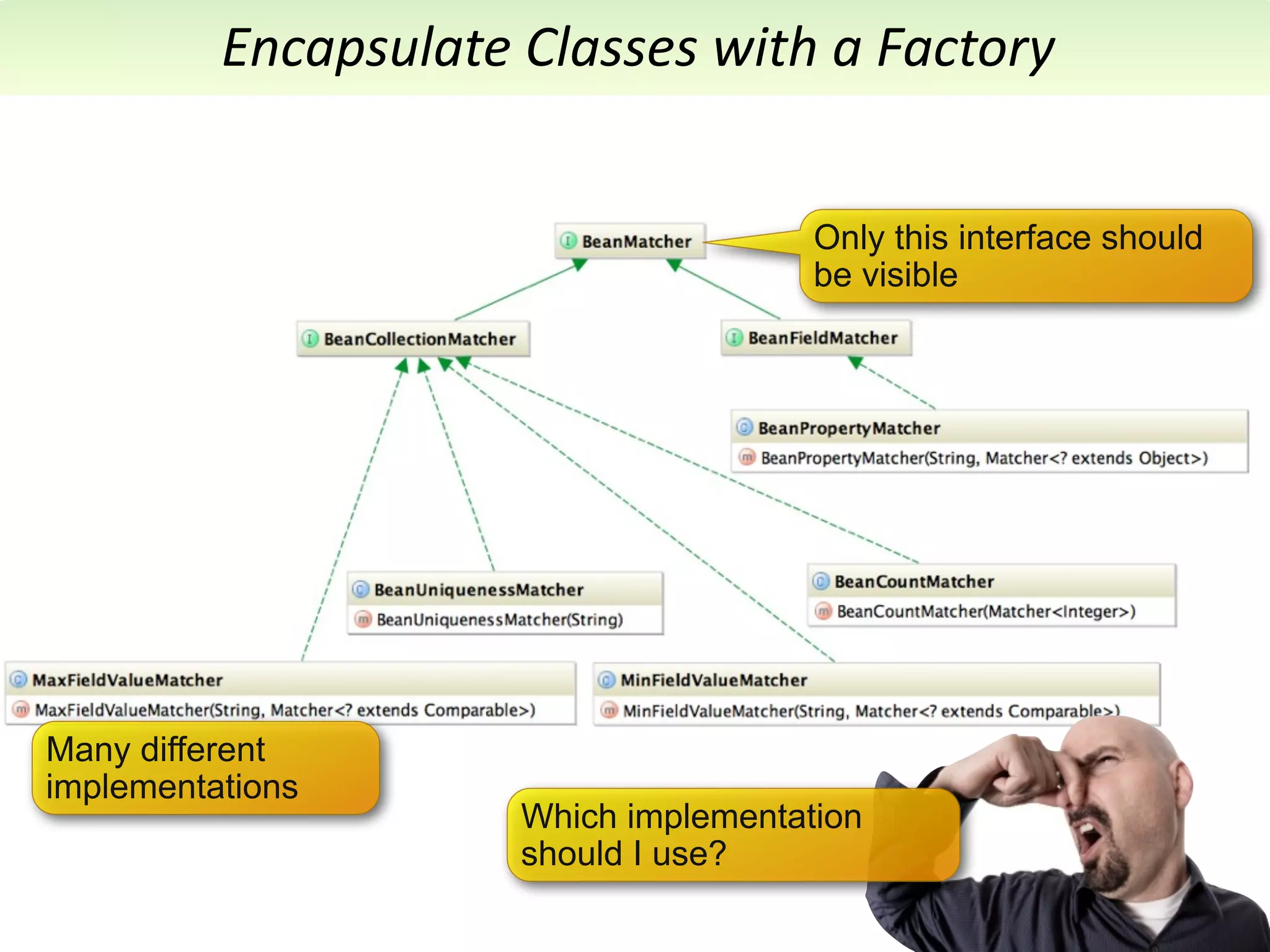 Encapsulate	
  Classes	
  with	
  a	
  Factory
                     High-Level Refactoring
                                           Only this interface should
                                           be visible




Many different
implementations
                          Which implementation
                          should I use?
 