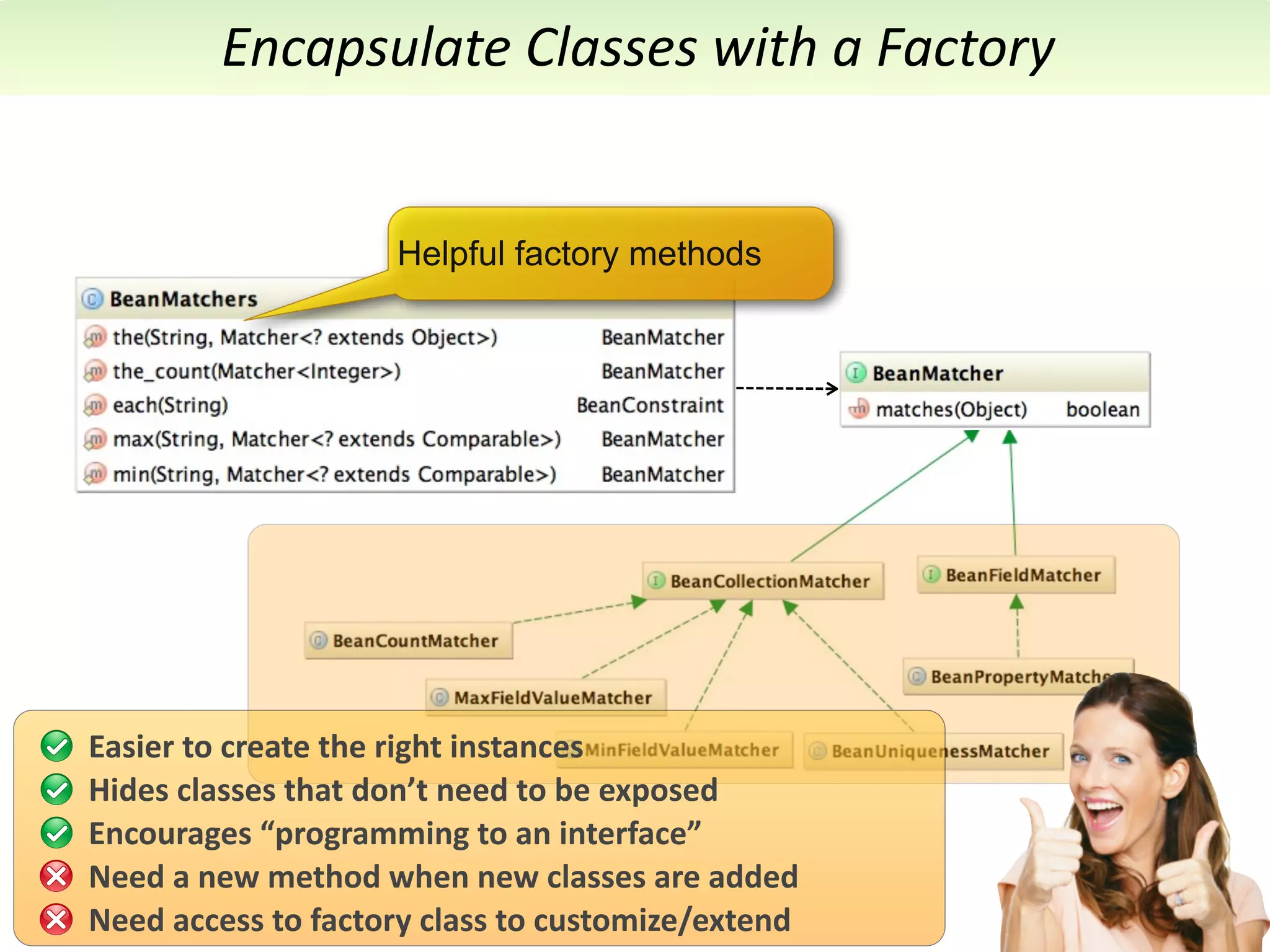 Encapsulate	
  Classes	
  with	
  a	
  Factory
                                 High-Level Refactoring
                             Helpful factory methods




Easier	
  to	
  create	
  the	
  right	
  instances
Hides	
  classes	
  that	
  don’t	
  need	
  to	
  be	
  exposed
Encourages	
  “programming	
  to	
  an	
  interface”
Need	
  a	
  new	
  method	
  when	
  new	
  classes	
  are	
  added
Need	
  access	
  to	
  factory	
  class	
  to	
  customize/extend
 