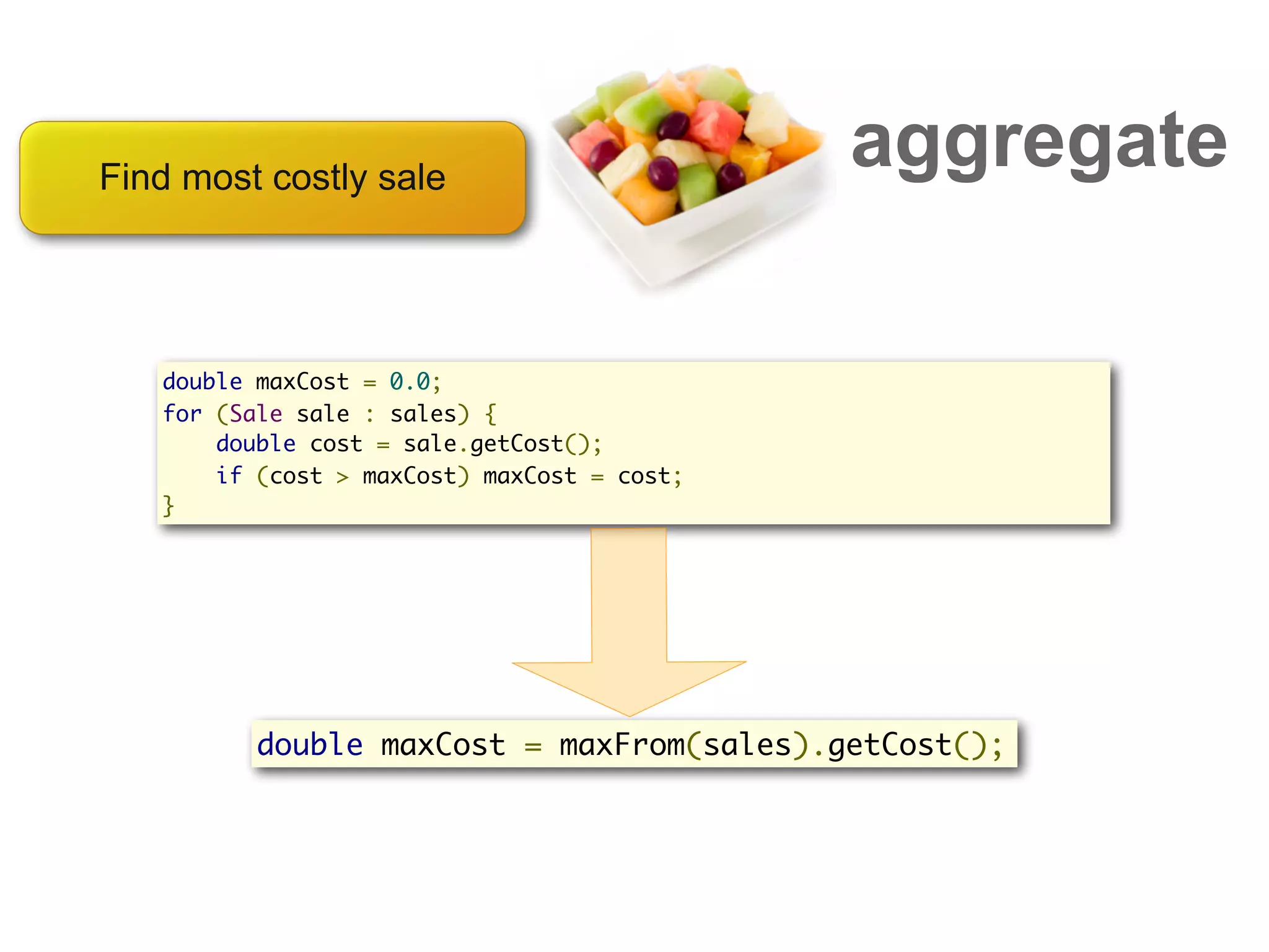 Find most costly sale
                                             aggregate

   double maxCost = 0.0;
   for (Sale sale : sales) {
       double cost = sale.getCost();
       if (cost > maxCost) maxCost = cost;
   }




          double maxCost = maxFrom(sales).getCost();
 