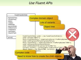 Use	
  Fluent	
  APIs


               Complex domain object
                             Lots of variants
                                  Object tree



       FundsTransferOrder order = new FundsTransferOrder();
       order.setType("SWIFT");
       Party originatorParty = organizationServer.findPartyByCode("WPAC");
       order.setOriginatorParty(originatorParty);
       Party counterParty = organizationServer.findPartyByCode("CBAA");
       order.setCounterParty(counterParty);
       order.setDate(DateTime.parse("22/11/2011"));
       Currency currency = currencyTable.findCurrency("USD");
       Amount amount = new Amount(500, currency);
       order.setAmount(amount);
Complex code
       ...


  Need to know how to create the child objects
 