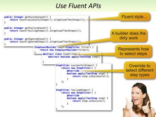 Use	
  Fluent	
  APIs
                             Fluent style...


                        A builder does the
                            dirty work

                           Represents how
                            to select steps

                                Override to
                               select different
                                 step types
 