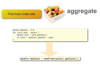 Find most costly sale
                                             aggregate

   double maxCost = 0.0;
   for (Sale sale : sales) {
       double cost = sale.getCost();
       if (cost > maxCost) maxCost = cost;
   }




          double maxCost = maxFrom(sales).getCost();
 