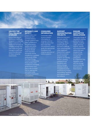 UNLOCK THE
FULL VALUE OF
STORAGE
Ensure that network
distribution tariffs are
designed in a way that
allows customers to
realise the full value of
installing storage and
that future structural
changes to tariffs are
not at the detriment
of these consumer
investments.
INTEGRITY AND
SAFETY
Householders and
businesses who
purchase battery
storage systems must
have confidence in
the performance,
quality and safety
of these systems.
Products should
meet Australian
Standards and be
installed by a qualified
professional. While
the Clean Energy
Council is establishing
these product and
installations standards,
governments must
play a role to ensure
that an appropriate
and nation-wide
regulatory framework
is established.
CONSUMER
INFORMATION
Consumers need
access to better
information to
empower them to
make decisions that
best meet their
circumstances, and to
guide the appropriate
installation and
ongoing operation of
battery systems.
SUPPORT
DEMONSTRATION
PROJECTS
While the long-term
business case for
battery storage is
compelling, doing
anything for the
first time is difficult,
time-consuming and
often expensive.
Government support
for demonstration
battery storage
projects can identify
barriers, growing
confidence and
familiarity with
battery storage
solutions, finding
innovative business
and financing models,
and building capability
and capacity within
the industry.
ENSURE
SUPPORTIVE
REGULATIONS
There are a range of
regulations relating
to the electricity
network, building
codes, planning
regimes, and fire
and environmental
safety that were
designed long
before battery
storage was
anticipated.
It is important that
regulators work
with the storage
sector to identify
and overcome
these barriers.
23Image: Grid Energy Storage System, Victoria
 