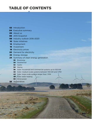 02	Introduction
	04	 Executive summary
	05	 About us
	06	 2015 Snapshot
	08	 Industry outlook 2016–2020
	10	 State initiatives	
	14	 Employment
	16	 Investment
	18	 Electricity prices
	20	 Demand for electricity
	22	 Energy storage
	24	Summary of clean energy generation
		28	Bioenergy
		30	Geothermal
		32	Hydro
		34	Marine
		36	 Solar: household and commercial systems up to 100 kW
		42	 Solar: medium-scale systems between 100 kW and 1 MW
		44	 Solar: large-scale systems larger than 1 MW
		48	 Solar water heating
		50	 Wind power
	56	Appendices
TABLE OF CONTENTS
 