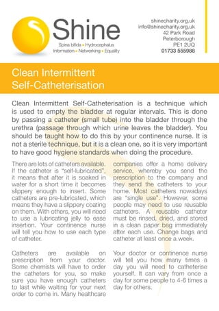 Clean Intermittent Catheterisation Clean intermitent self catheterisation | PDF