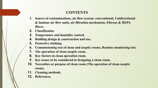 CONTENTS
1. Source of contaminations, air flow system: conventional, Unidirectional
& laminar air flow units, air filtrati...