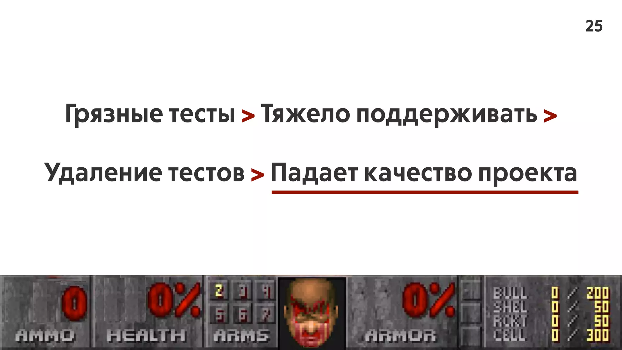 Грязные тесты > Тяжело поддерживать >
Удаление тестов > Падает качество проекта
25
 