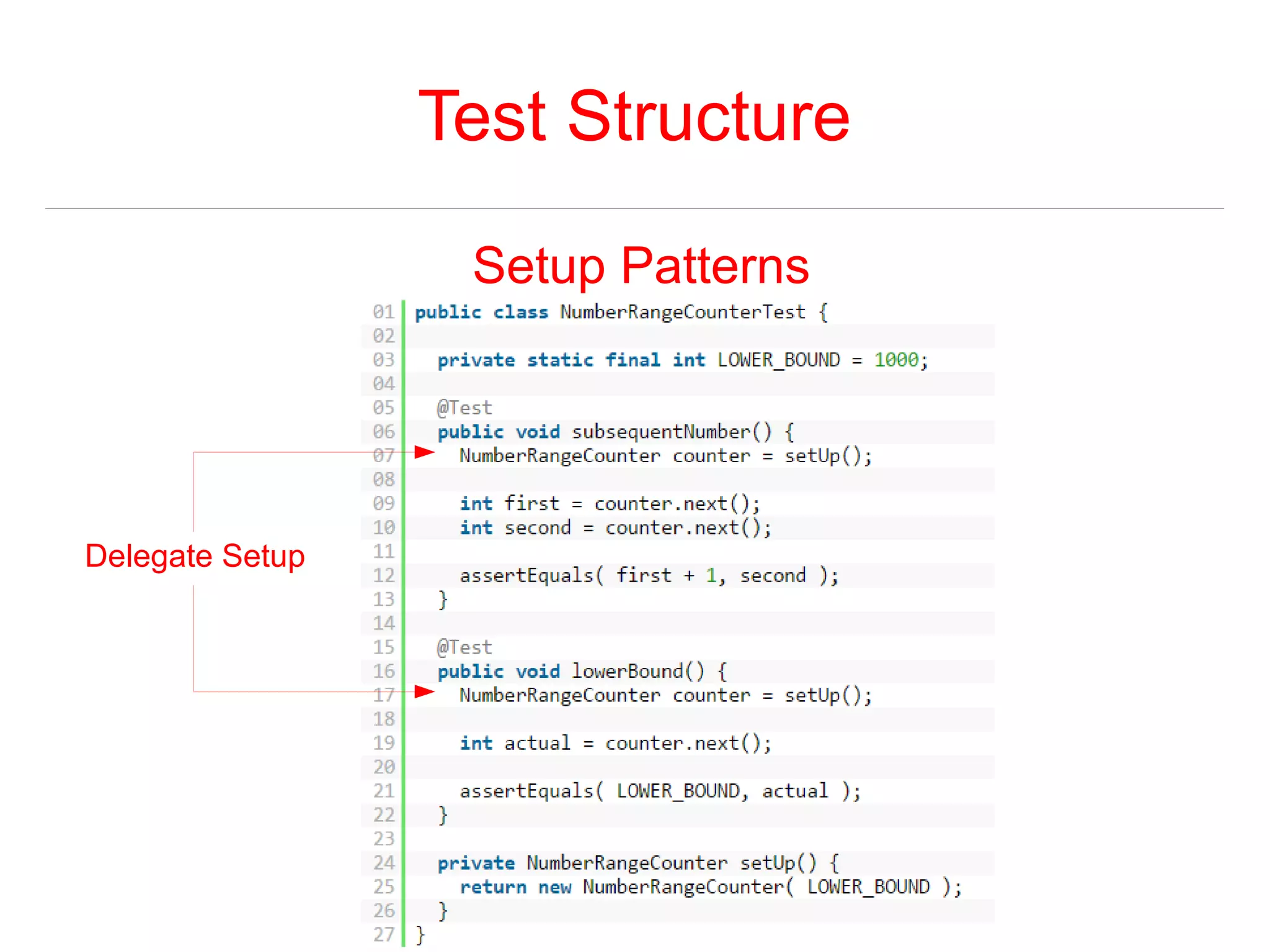 Test Structure 
Setup Patterns 
Delegate Setup 
 