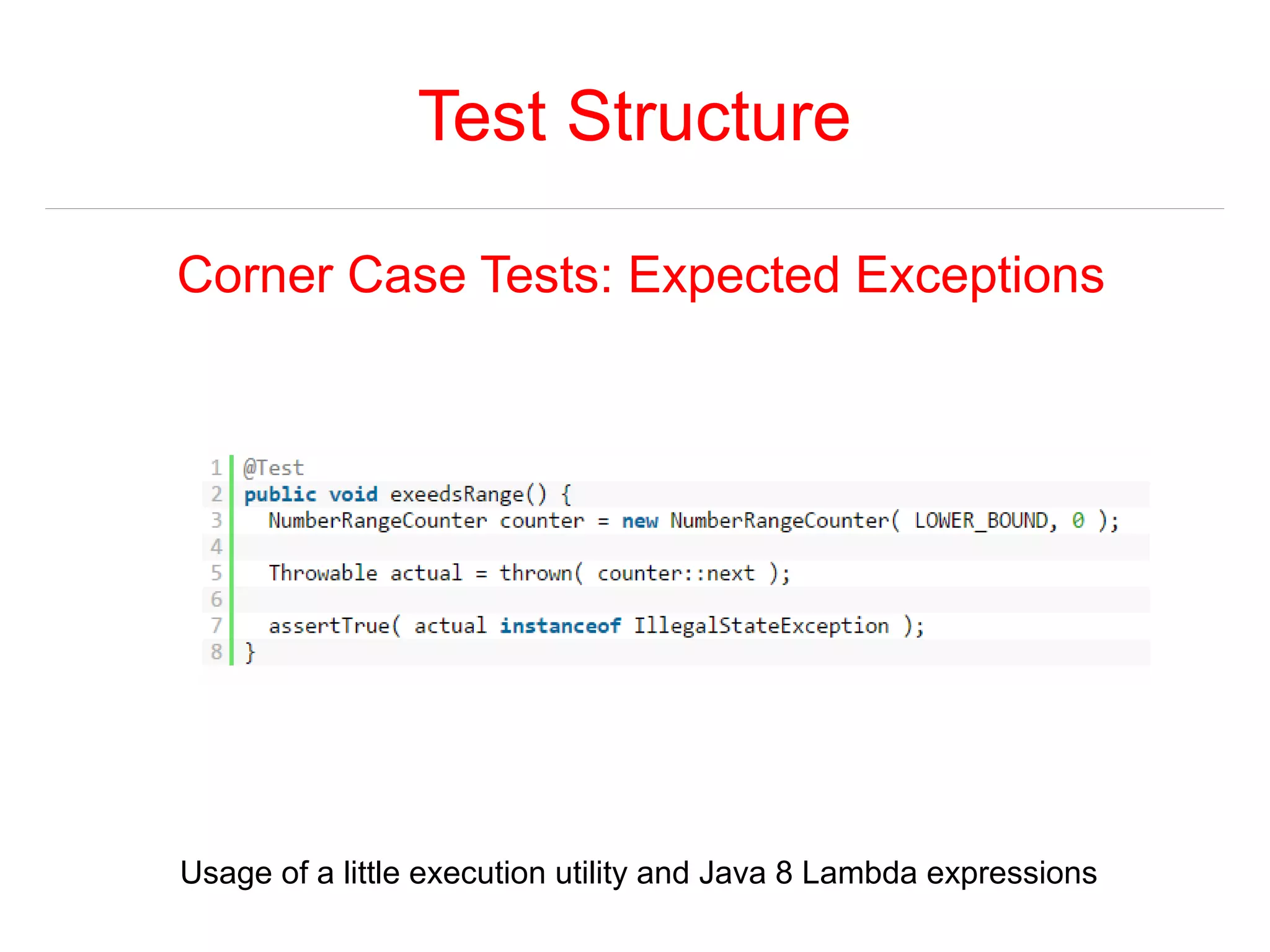 Test Structure 
Corner Case Tests: Expected Exceptions 
Usage of a little execution utility and Java 8 Lambda expressions 
 