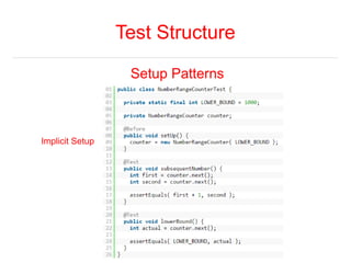 Test Structure 
Setup Patterns 
Implicit Setup 
 