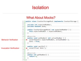 Isolation 
What About Mocks? 
Behavior Verifcation 
Invocation Verification 
 
