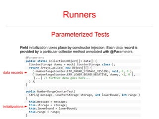 Runners 
Parameterized Tests 
Field initialization takes place by constructor injection. Each data record is 
provided by ...