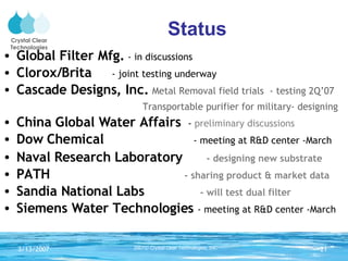 Status Global Filter Mfg.  - in discussions   Clorox/Brita    - joint testing underway Cascade Designs, Inc.   Metal Removal field trials  - testing 2Q’07 Transportable purifier for military- designing China Global Water Affairs  - preliminary discussions Dow Chemical     - meeting at R&D center -March Naval Research Laboratory  - designing new substrate   PATH   - sharing product & market data Sandia National Labs  - will test dual filter Siemens Water Technologies  - meeting at R&D center -March 