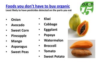 Foods you don’t have to buy organic
Least likely to have pesticides detected on the parts you eat


•    Onion                    •    Kiwi
•    Avocado                  •    Cabbage
•    Sweet Corn               •    Eggplant
•    Pineapple                •    Papaya
•    Mango                    •    Watermelon
•    Asparagus                •    Broccoli
•    Sweet Peas               •    Tomato
                              •    Sweet Potato
 