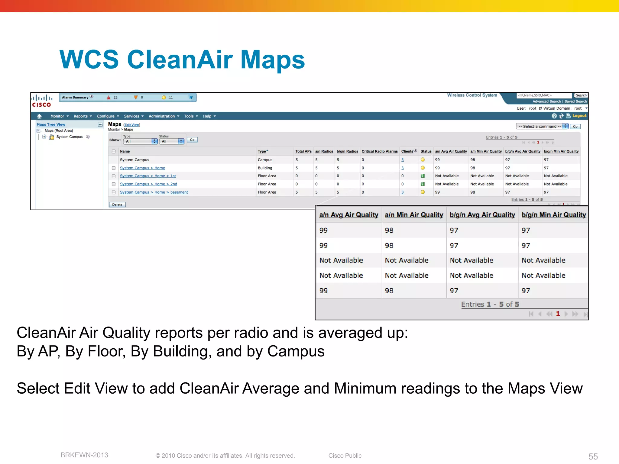 WCS CleanAir Maps




CleanAir Air Quality reports per radio and is averaged up:
By AP, By Floor, By Building, and by Campus

Select Edit View to add CleanAir Average and Minimum readings to the Maps View



      BRKEWN-2013   © 2010 Cisco and/or its affiliates. All rights reserved.   Cisco Public   55
 