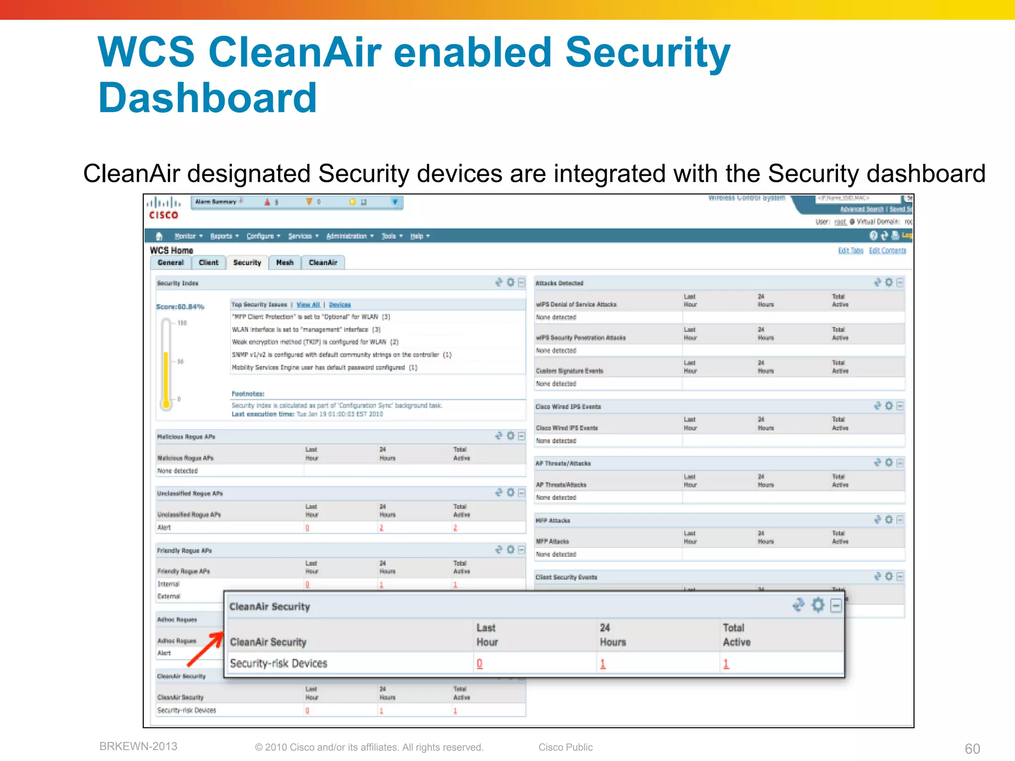 WCS CleanAir enabled Security
 Dashboard
CleanAir designated Security devices are integrated with the Security dashboard




 BRKEWN-2013   © 2010 Cisco and/or its affiliates. All rights reserved.   Cisco Public   60
 