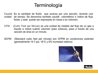 Caudal: Es la cantidad de fluido que avanza por una sección, durante una
unidad de tiempo. Se denomina también caudal volumétrico o índice de flujo
fluido, y este puede ser expresado en masa o en volumen.
CFM: (Cubic Feet per Minute) es una unidad de medida del flujo de un gas o
líquido e indica cuánto volumen (pies cúbicos), pasa a través de una
sección de área en un minuto.
SCFM: (Standard cubic feet per minute) son CFPM en condiciones estándar
(generalmente 14.7 psi, 16C y 0% humedad relativa)
Terminología
 