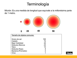 Tamaño de objetos comunes;
Substances Micron Inch
Grano de sal 100
Cabello 70
Baja Visibilidad 40
Globulos Blancos 25
Talco 10
Globulos Rojos 8
Bacteria (Promedio) 2
Virus 1
50
40
25
5
Terminología
Micrón: Es una medida de longitud que equivale a la millonésima parte
de 1 metro.
 