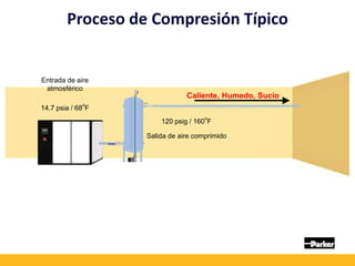 14.7 psia / 68
o
F
120 psig / 160
o
F
Caliente, Humedo, Sucio
Entrada de aire
atmosférico
Salida de aire comprimido
Proceso de Compresión Típico
 