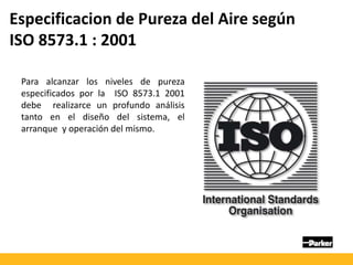 Especificacion de Pureza del Aire según
ISO 8573.1 : 2001
Para alcanzar los niveles de pureza
especificados por la ISO 8573.1 2001
debe realizarce un profundo análisis
tanto en el diseño del sistema, el
arranque y operación del mismo.
 
