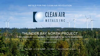 TSXV AIR OTCQB CLRMF FRA CKU CLEANAIRMETALS.CA
THUNDER BAY NORTH PROJECT
PRELIMINARY ECONOMIC ASSESSMENT & PATH FORWARD
JANUARY 2022
METALS FOR THE CLEAN AIR REVOLUTION
 