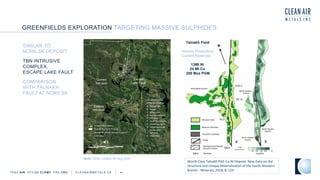 TSXV AIR OTCQB CLRM F FRA CKU C L E A N A I R M E T A L S . C A 41
Talnakh Field
Historic Production/
Current Reserves
13Mt Ni
24 Mt Cu
250 Moz PGM
Note: Slide rotated 90 deg west
Escape
Intrusion
Current
Intrusion
Escape
Lake Fault
GREENFIELDS EXPLORATION TARGETING MASSIVE SULPHIDES
SIMILAR TO
NORILSK DEPOSIT
TBN INTRUSIVE
COMPLEX,
ESCAPE LAKE FAULT
COMPARISON
WITH TALNAKH
FAULT AT NORILSK
World-Class Talnakh PGE-Cu-Ni Deposit: New Data on the
Structure and Unique Mineralization of the South-Western
Branch - Minerals, 2018, 8, 124
 