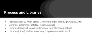 Process and Libraries
● Process: Agile (2 week sprints), Android Studio, gradle, git, GitLab, JIRA
● Libraries: butterknife, okhttp3, retrofit, picasso
● Libraries (reactive): rxjava, rx-bindings, rx-preferences, retrofit
● Libraries (other): stetho, leak-canary, apalon-translation-tool
 