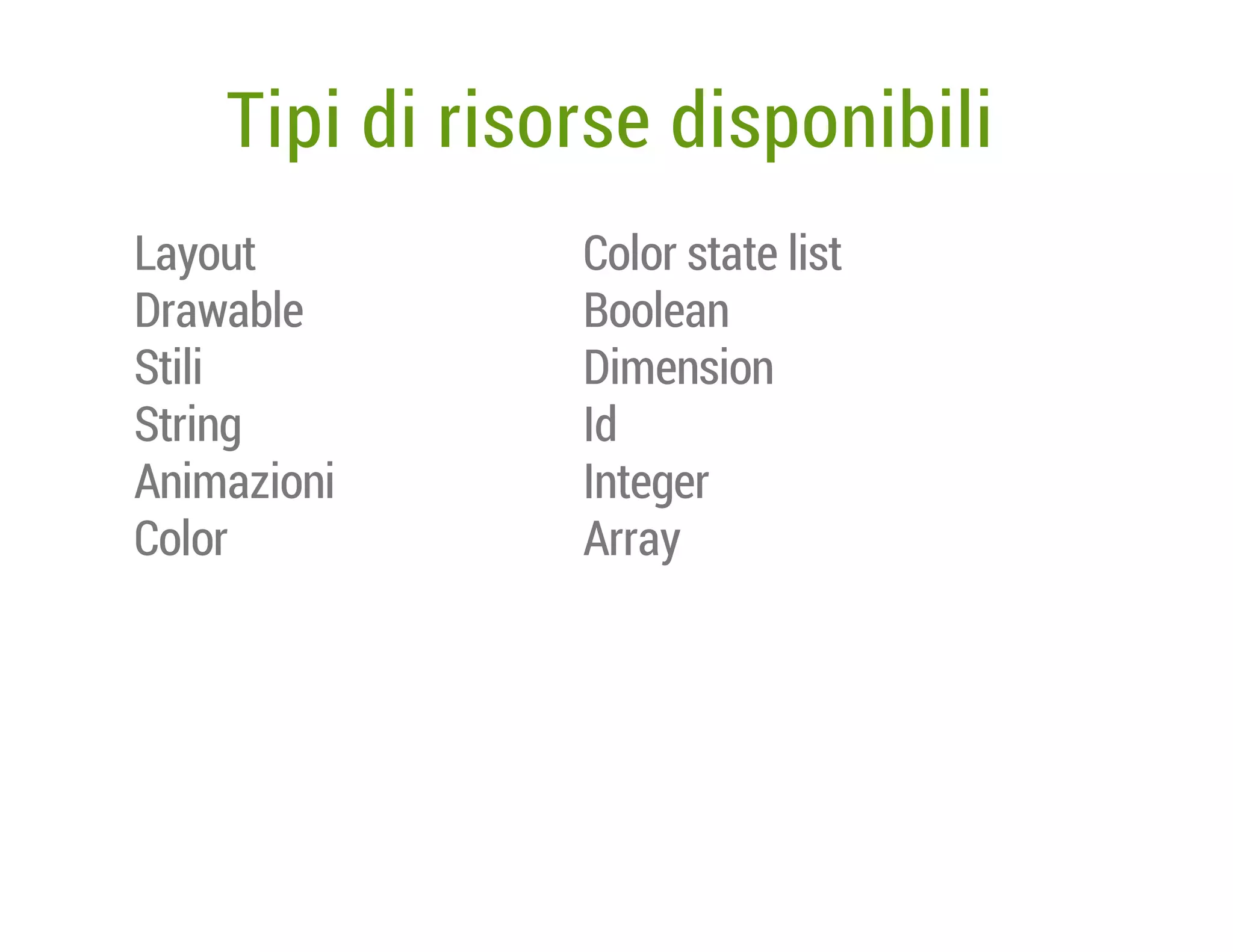 Tipi di risorse disponibili
Layout
Drawable
Stili
String
Animazioni
Color

Color state list
Boolean
Dimension
Id
Integer
Array

 