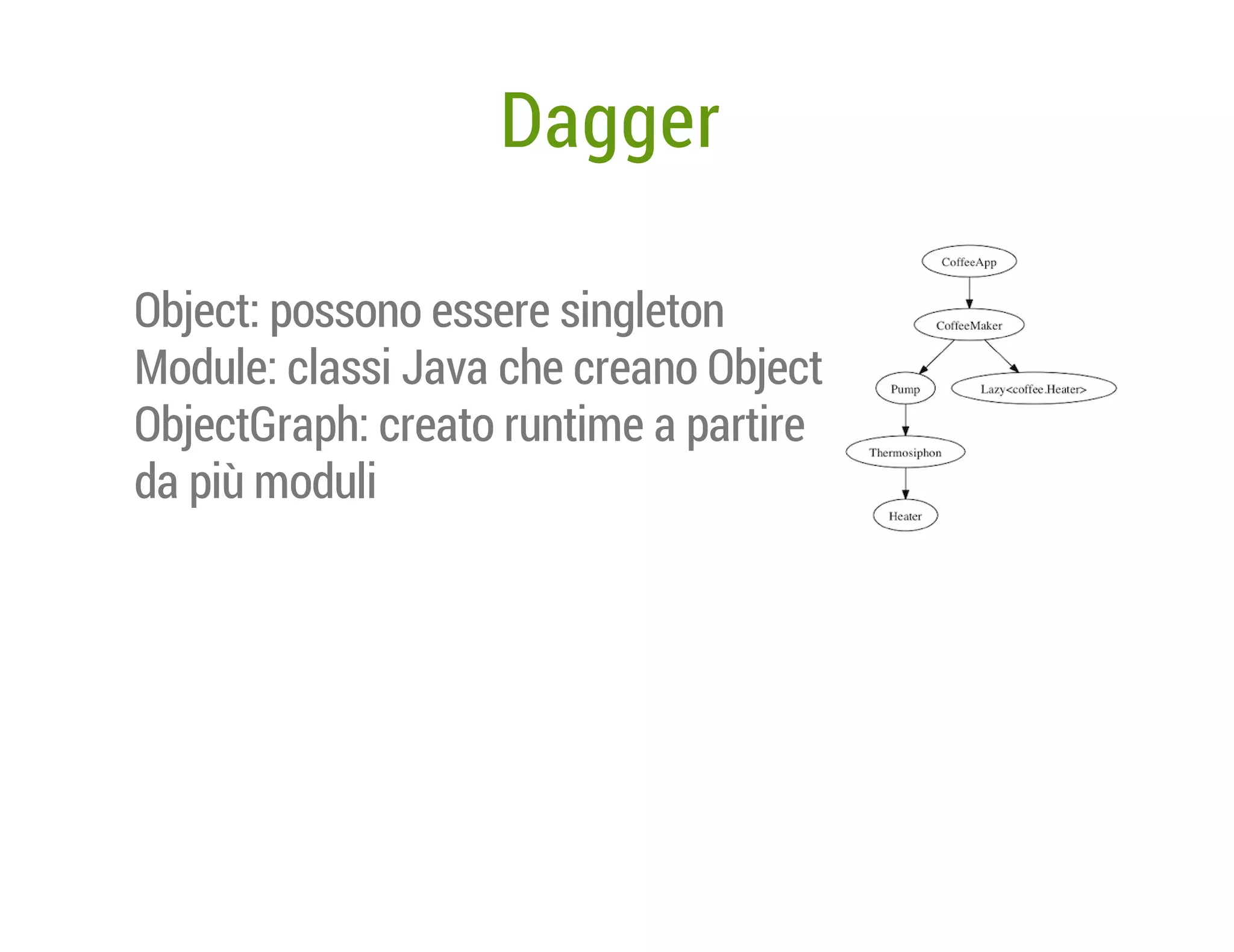 Dagger
Object: possono essere singleton
Module: classi Java che creano Object
ObjectGraph: creato runtime a partire
da più moduli

 