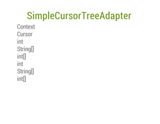 SimpleCursorTreeAdapter
Context
Cursor
int
String[]
int[]
int
String[]
int[]

 