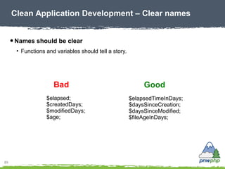 89
● Names should be clear
●
Functions and variables should tell a story.
Clean Application Development – Clear names
$ela...