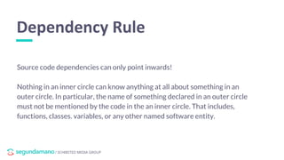 / SCHIBSTED MEDIA GROUP
Source code dependencies can only point inwards!
Nothing in an inner circle can know anything at all about something in an
outer circle. In particular, the name of something declared in an outer circle
must not be mentioned by the code in the an inner circle. That includes,
functions, classes. variables, or any other named software entity.
Dependency Rule
 
