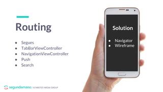 / SCHIBSTED MEDIA GROUP
Routing
● Segues
● TabBarViewController
● NavigationViewController
● Push
● Search
Solution
● Navigator
● Wireframe
 