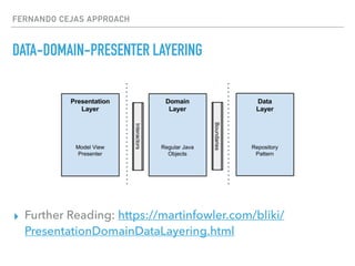 FERNANDO CEJAS APPROACH
DATA-DOMAIN-PRESENTER LAYERING
▸ Further Reading: https://martinfowler.com/bliki/
PresentationDomainDataLayering.html
 