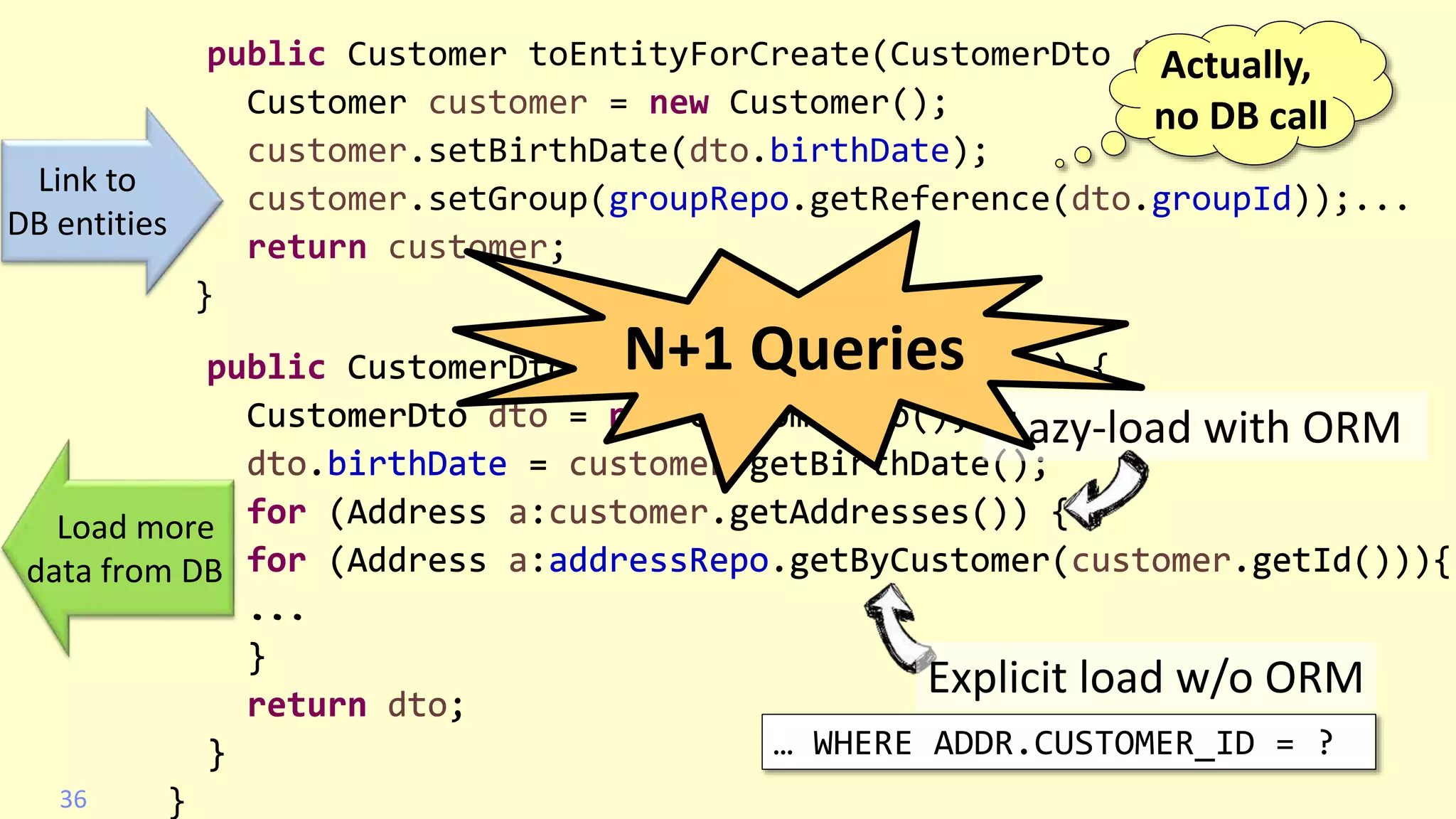 @
VictorRentea.ro
Mappers go to DB ?
KISS: Yes !
36
public Customer toEntityForCreate(CustomerDto dto) {
Customer customer = new Customer();
customer.setBirthDate(dto.birthDate);
customer.setGroup(groupRepo.getReference(dto.groupId));...
return customer;
}
public CustomerDto toDto(Customer customer) {
CustomerDto dto = new CustomerDto();
dto.birthDate = customer.getBirthDate();
for (Address a:customer.getAddresses()) {
for (Address a:addressRepo.getByCustomer(customer.getId())){
...
}
return dto;
}
}
Link to
DB entities
Actually,
no DB call
Load more
data from DB
public CustomerDto toDto(Customer customer) {
CustomerDto dto = new CustomerDto();
dto.birthDate = customer.getBirthDate();
for (Address a:customer.getAddresses()) {
for (Address a:addressRepo.getByCustomer(customer.getId())){
...
}
return dto;
} … WHERE ADDR.CUSTOMER_ID = ?
Lazy-load with ORM
Explicit load w/o ORM
N+1 Queries
 