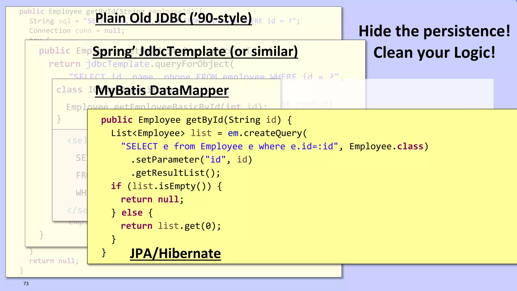 VictorRentea.ro
public Employee getById(String employeeId) {
String sql = "SELECT id, name, phone FROM employee WHERE id = ?";
Connection conn = null;
try {
conn = dataSource.getConnection();
PreparedStatement ps = conn.prepareStatement(sql);
ps.setString(1, employeeId);
ResultSet rs = ps.executeQuery();
if (rs.next()) {
Employee employee = new Employee();
employee.setId(rs.getString(1));
employee.setName(rs.getString(2));
employee.setPhone(rs.getString(3));
return employee;
}
} catch (SQLException e) {
// TODO: something, don't know what..
} finally {
if (conn != null) {
try {
conn.close();
} catch (SQLException e) {
// TODO: something, don't know what..
}
}
}
return null;
}
Plain Old JDBC (’90-style)
public Employee getById(String employeeId) {
return jdbcTemplate.queryForObject(
"SELECT id, name, phone FROM employee WHERE id = ?",
new RowMapper<Employee>() {
public Employee mapRow(ResultSet rs, int rowNum)
throws SQLException {
Employee employee = new Employee();
employee.setId(rs.getString(1));
employee.setName(rs.getString(2));
employee.setPhone(rs.getString(3));
return employee;
}
},
employeeId);
}
Spring’ JdbcTemplate (or similar)
class IOrderRepository {
Employee getEmployeeBasicById(int id);
}
<select id="getEmployeeBasicById" parameterType="int" resultType="Employee">
SELECT id, name, phone_number AS phoneNumber
FROM EMPLOYEES
WHERE ID = #{id}
</select>
MyBatis DataMapper
public Employee getById(String id) {
List<Employee> list = em.createQuery(
"SELECT e from Employee e where e.id=:id", Employee.class)
.setParameter("id", id)
.getResultList();
if (list.isEmpty()) {
return null;
} else {
return list.get(0);
}
} JPA/Hibernate
73
Hide the persistence!
Clean your Logic!
 