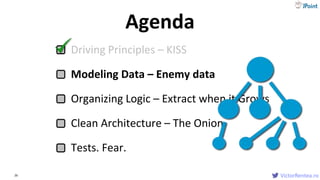 VictorRentea.ro26
Driving Principles – KISS
Modeling Data – Enemy data
Organizing Logic – Extract when it Grows
Clean Architecture – The Onion
Tests. Fear.
Agenda
VictorRentea.ro
 