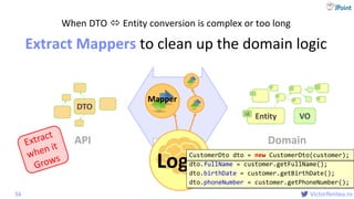 @
VictorRentea.ro
When DTO  Entity conversion is complex or too long
Extract Mappers to clean up the domain logic
34
VOEntityid
DTO
Mapper
Logic
API Domain
CustomerDto dto = new CustomerDto();
dto.fullName = customer.getFullName();
dto.birthDate = customer.getBirthDate();
dto.phoneNumber = customer.getPhoneNumber();
CustomerDto dto = new CustomerDto(customer);
 