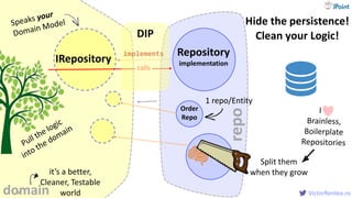 VictorRentea.ro77
IRepository
Repository
implementation
it’s a better,
Cleaner, Testable
world
Order
Repo
implements
calls
DIP
Hide the persistence!
Clean your Logic!
1 repo/Entity
Split them
when they grow
domain
repo
 