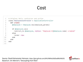 Cost
Source: David Heinemeier Hansson, https://gist.github.com/dhh/4849a20d2ba89b34b201
Based on: Jim Weirich's "Decoupling from Rails"
 