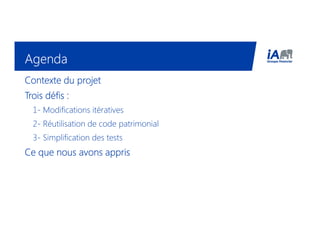 AgendaAgendaAgendaAgenda
Contexte du projetContexte du projetContexte du projetContexte du projet
Trois défis :Trois défis :Trois défis :Trois défis :
1- Modifications itératives
2- Réutilisation de code patrimonial
3- Simplification des tests
Ce que nous avons apprisCe que nous avons apprisCe que nous avons apprisCe que nous avons appris
 