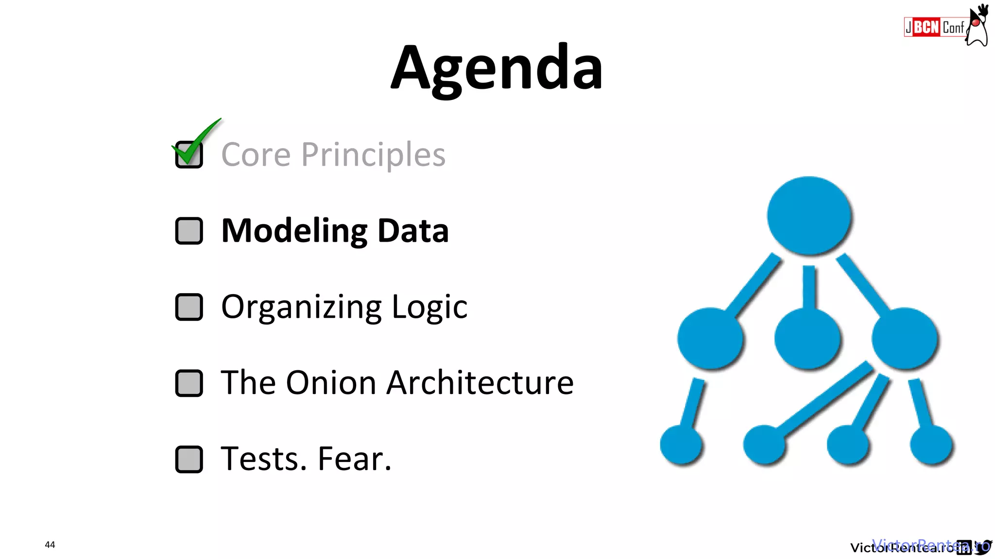 44
Core Principles
Modeling Data
Organizing Logic
The Onion Architecture
Tests. Fear.
Agenda
VictorRentea.ro
 