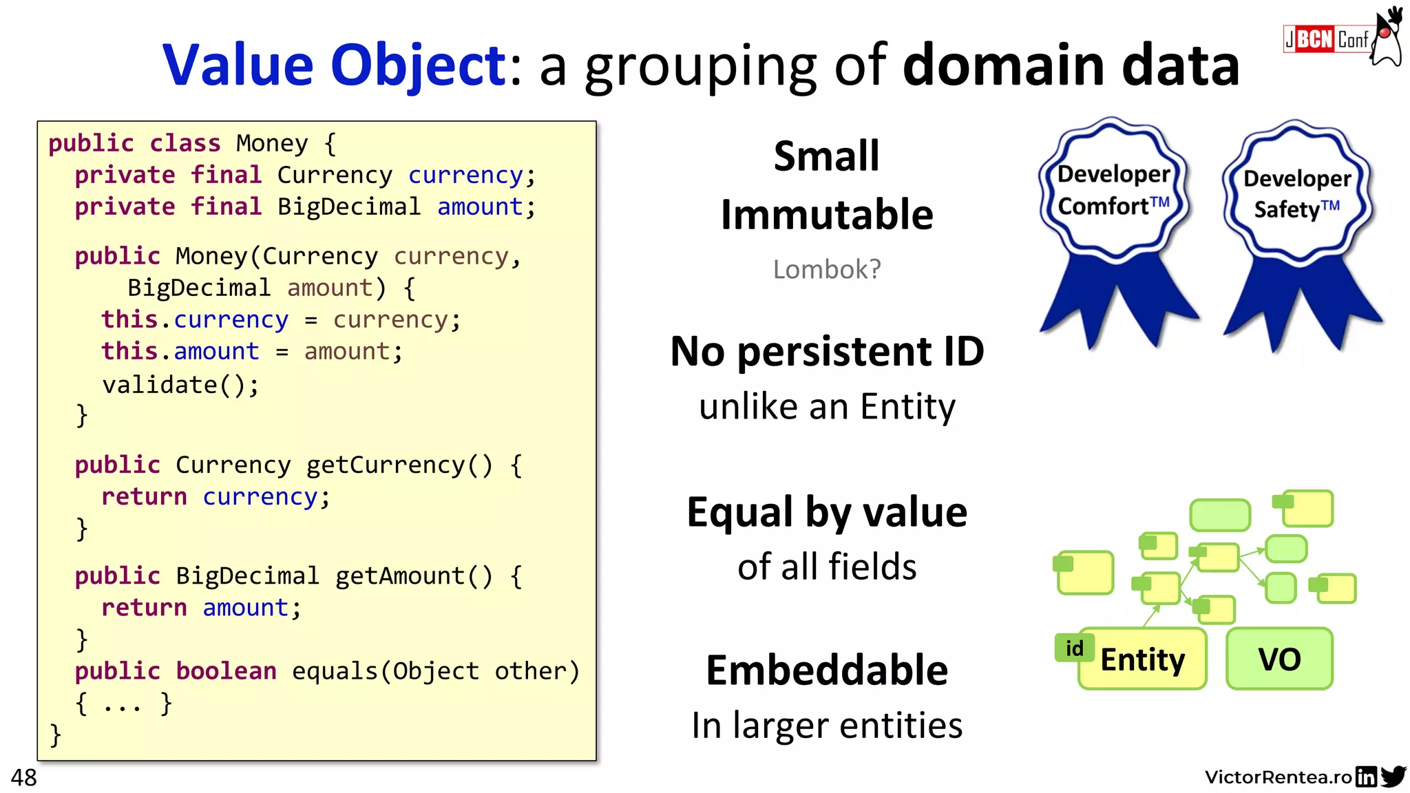Entityid
48
Small
Immutable
Lombok?
No persistent ID
unlike an Entity
Equal by value
of all fields
Embeddable
In larger entities
Value Object: a grouping of domain data
VO
public class Money {
private final Currency currency;
private final BigDecimal amount;
public Money(Currency currency,
BigDecimal amount) {
this.currency = currency;
this.amount = amount;
}
public Currency getCurrency() {
return currency;
}
public BigDecimal getAmount() {
return amount;
}
public boolean equals(Object other)
{ ... }
}
validate();
 