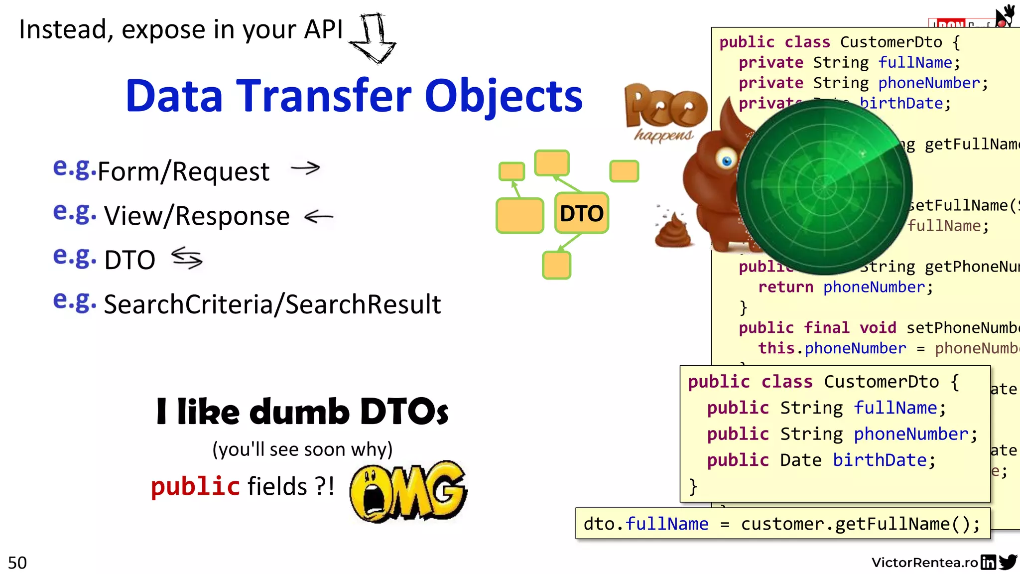 I like dumb DTOs
(you'll see soon why)
public fields ?! ! !..
VOEntityid
Logic
public class CustomerDto {
private String fullName;
private String phoneNumber;
private Date birthDate;
public final String getFullName
return fullName;
}
public final void setFullName(S
this.fullName = fullName;
}
public final String getPhoneNum
return phoneNumber;
}
public final void setPhoneNumbe
this.phoneNumber = phoneNumbe
}
public final Date getBirthDate(
return birthDate;
}
public final void setBirthDate(
this.birthDate = birthDate;
}
}
50
Form/Request
View/Response
DTO
SearchCriteria/SearchResult
Data Transfer Objects
DTO
Instead, expose in your API
public class CustomerDto {
public String fullName;
public String phoneNumber;
public Date birthDate;
}
dto.fullName = customer.getFullName();
 
