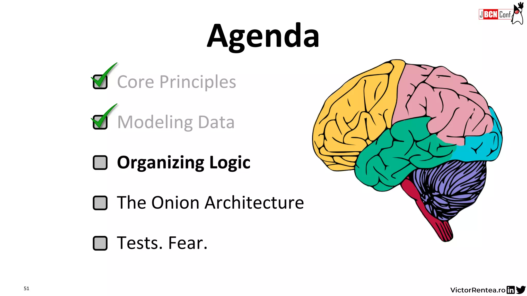 51
Core Principles
Modeling Data
Organizing Logic
The Onion Architecture
Tests. Fear.
Agenda
 