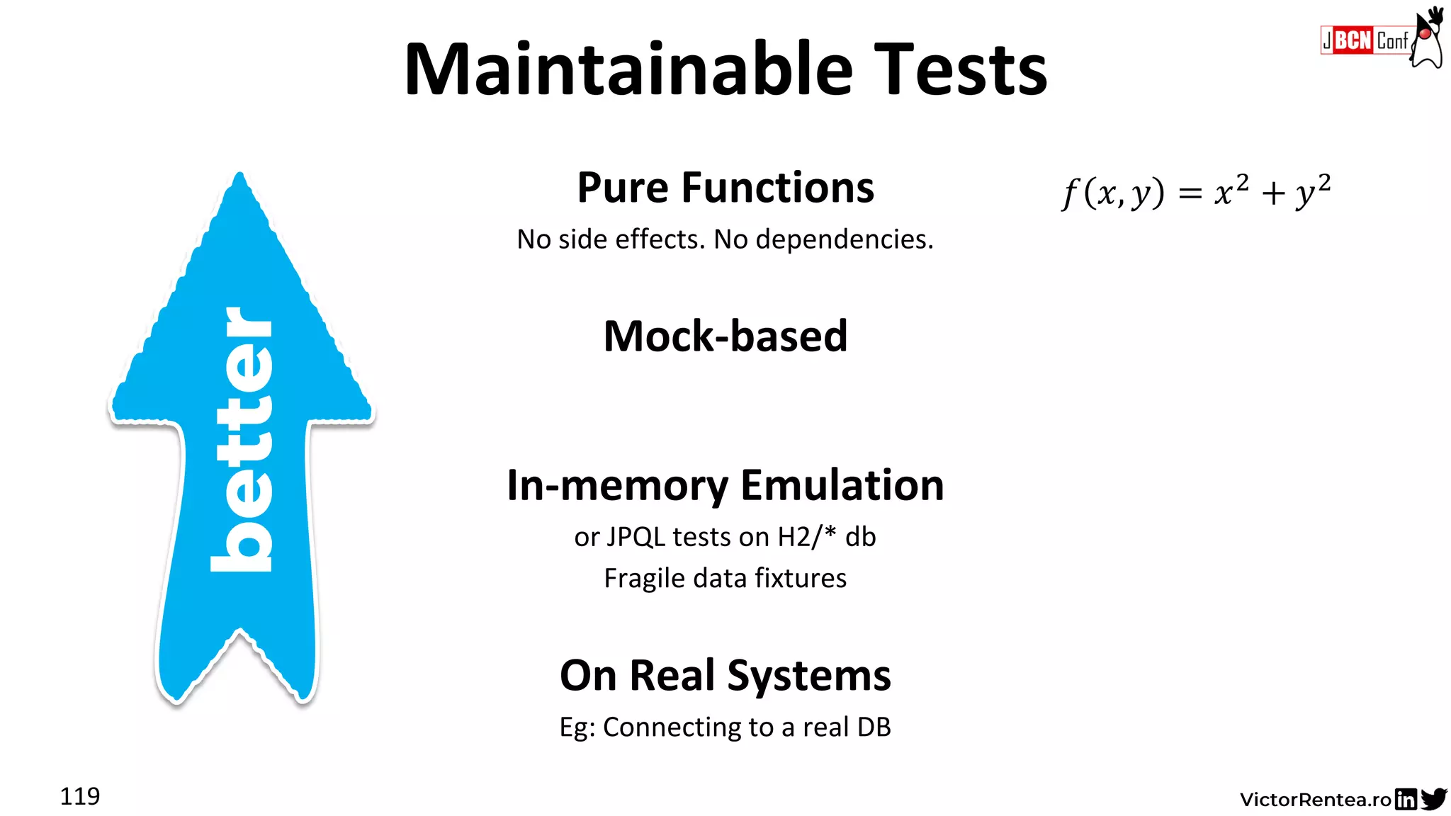 Maintainable Tests
Pure Functions
No side effects. No dependencies.
Mock-based
In-memory Emulation
or JPQL tests on H2/* db
Fragile data fixtures
On Real Systems
Eg: Connecting to a real DB
119
𝑓 𝑥, 𝑦 = 𝑥2 + 𝑦2
 