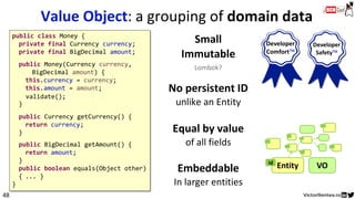 Entityid
48
Small
Immutable
Lombok?
No persistent ID
unlike an Entity
Equal by value
of all fields
Embeddable
In larger entities
Value Object: a grouping of domain data
VO
public class Money {
private final Currency currency;
private final BigDecimal amount;
public Money(Currency currency,
BigDecimal amount) {
this.currency = currency;
this.amount = amount;
}
public Currency getCurrency() {
return currency;
}
public BigDecimal getAmount() {
return amount;
}
public boolean equals(Object other)
{ ... }
}
validate();
 